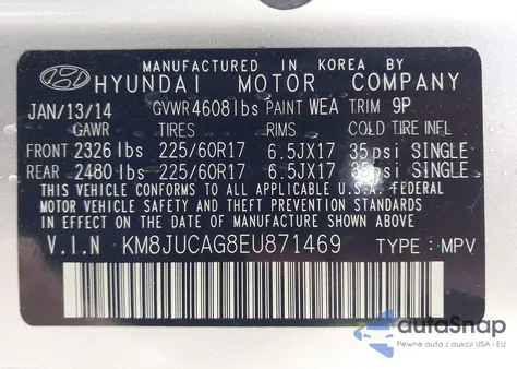 2014 Hyundai Tucson Se from USA, damaged, VIN KM8JUCAG8EU871469